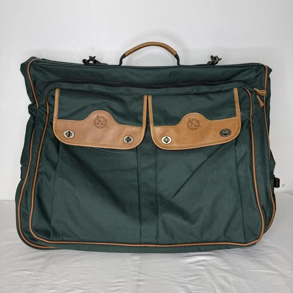 Eddie Bauer Garment Bag Green Nylon Leather Trim Travel Suit Carrier Luggage